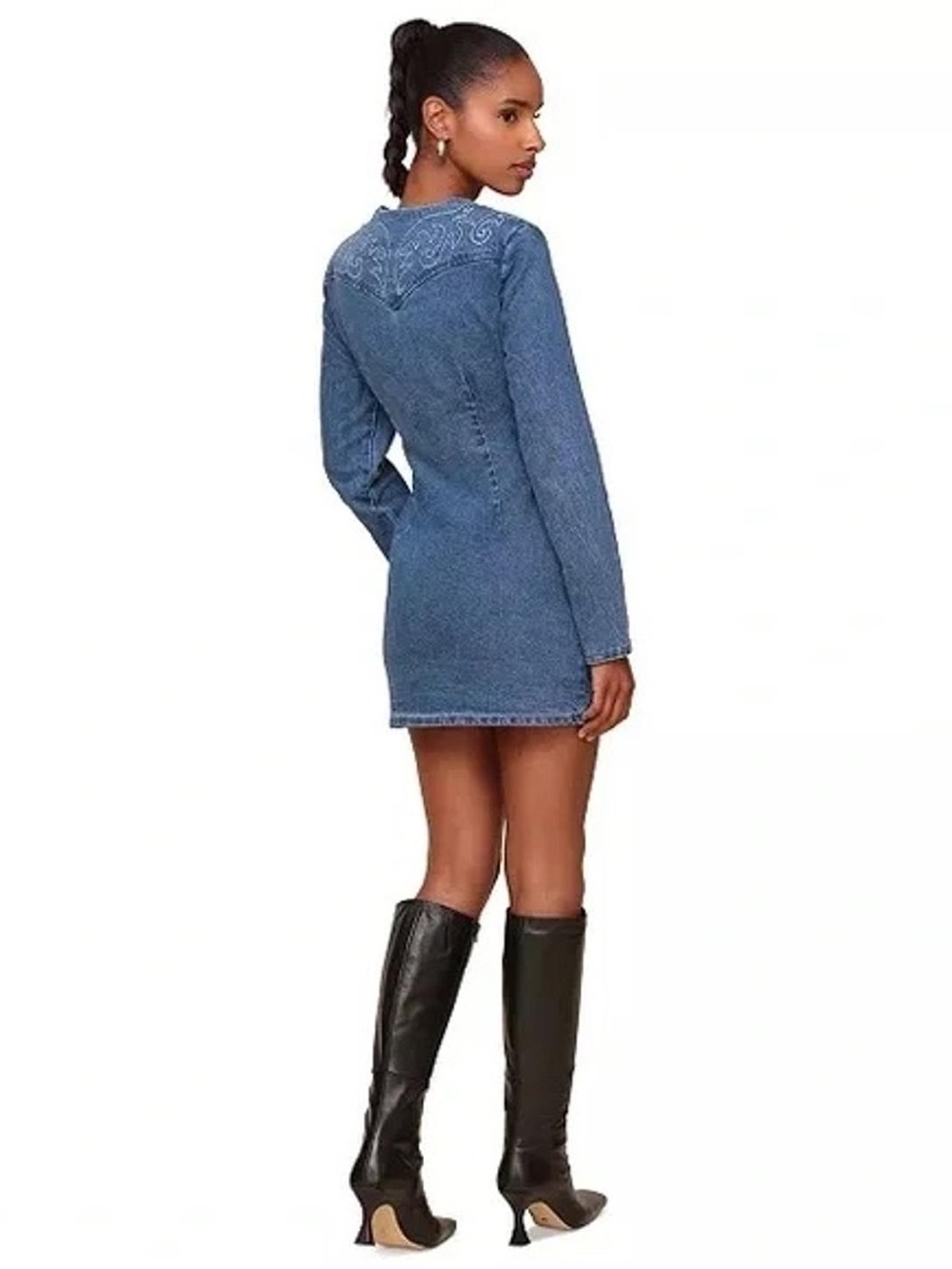 Avec les Filles Denim Rodeo Western Embroidered Pearl Snap Front Mini Dress Sz10 - Picture 6 of 8